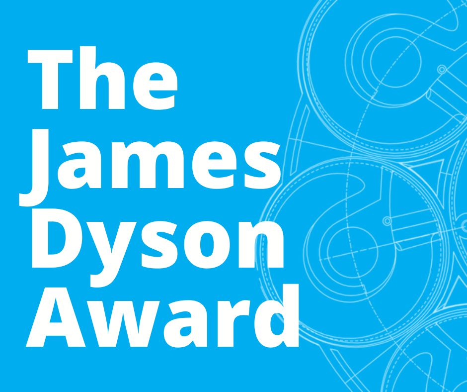 Grafika promująca konkurs THE JEMES DYSON AWARD. Niebieskie tło