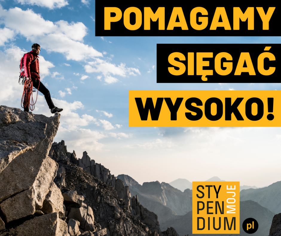 Grafika reklamująca MOJEStypendium. Menżczyzna stojący z lina na wierzcholku góry