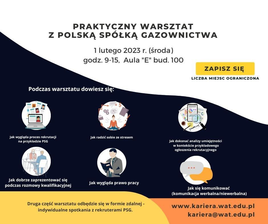 Grafika informująca o warsztatach z Polską Spółka Gazownictwa na WAT