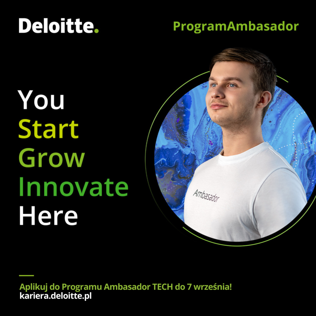 Grafika reklamująca program Ambasadorski Deloitte.Czarne tło. Napisy biało-żielono-limonkowe. Postać chłopaka w białym t - shircie na niebieskim tle.