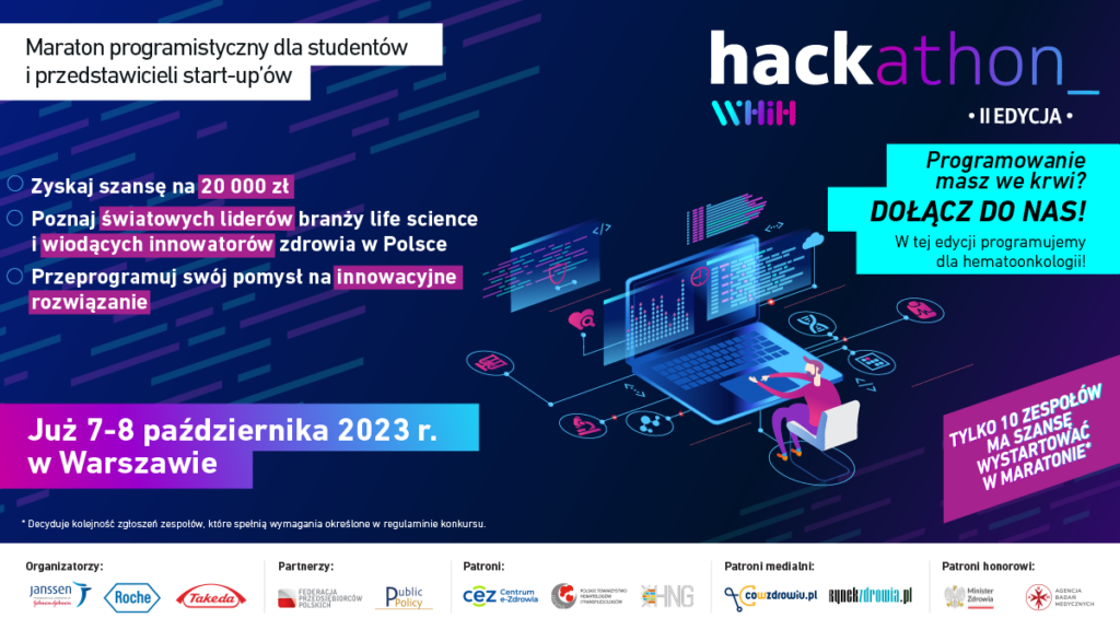 grafika reklamująca program Hackathon - II edycja. Granatowe tło grafiki . Biało czarne napisy z elementami różowego koloru. w tle wirtualna praca przy komputerze mężczyzny ( grafika animacyjna)