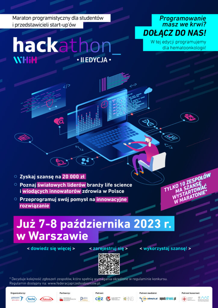 grafika reklamująca program Hackathon - II edycja. Granatowe tło grafiki . Biało czarne napisy z elementami różowego koloru. w tle wirtualna praca przy komputerze mężczyzny ( grafika animacyjna)