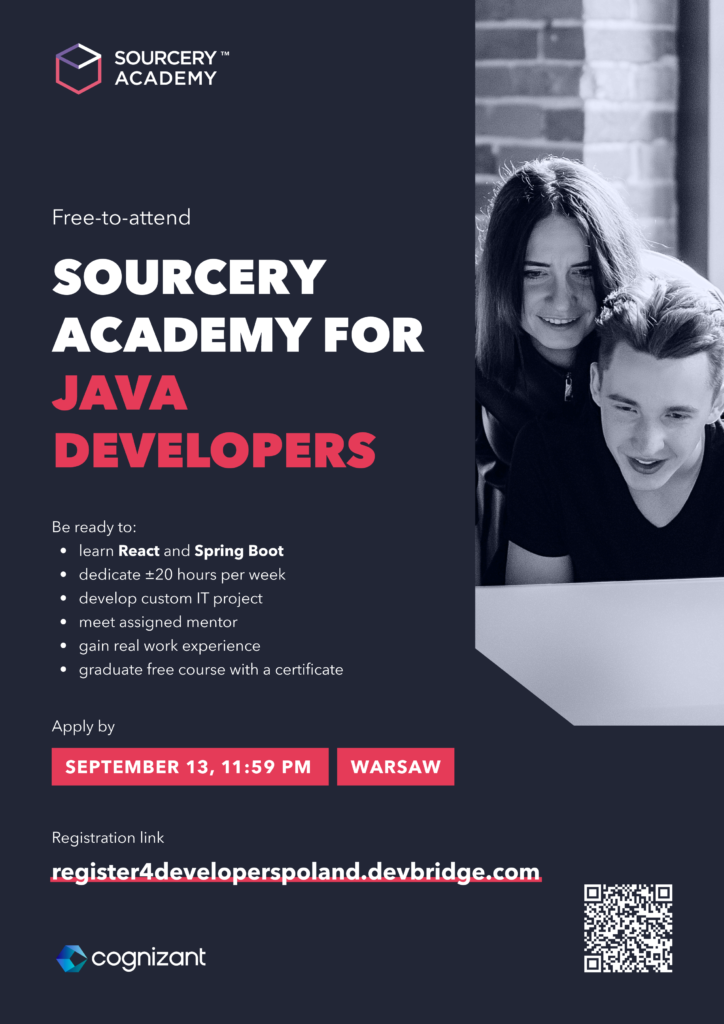 Grafika promijąca Sourcery Academy For JAVA DEVELOPERS.Frafitowe tło. Napisy białe, malinowe. Przy prawej krawędzi grafiki zdjęcie chłopaka i dziewczyny , którzy są uśmiechnięci oraz pochyleni.