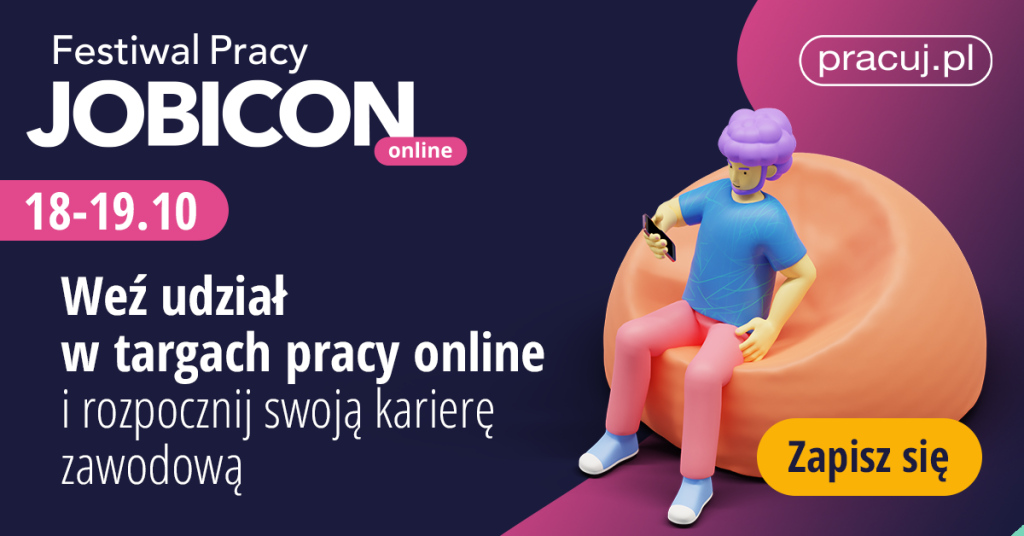 rysunek graficzny. na dużym pufie siedzi młody mężczyzna z brodą i trzyma telefon w ręku. Tekst: Festiwal Pracy Jobicon online 18-19.10. Weź udział w targach pracy online