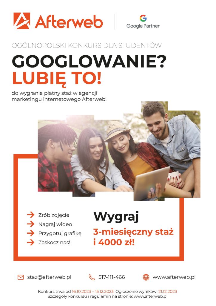 4 młodych ludzi, którzy są uśmiechnięci wpatrują się w ekran laptopa. W tle widać drzewa. Tekst: Ogólnopolski konkurs dla studentów Googlowanie? Lubię to! Wygraj 3 miesięczny staż i 4000 zł!