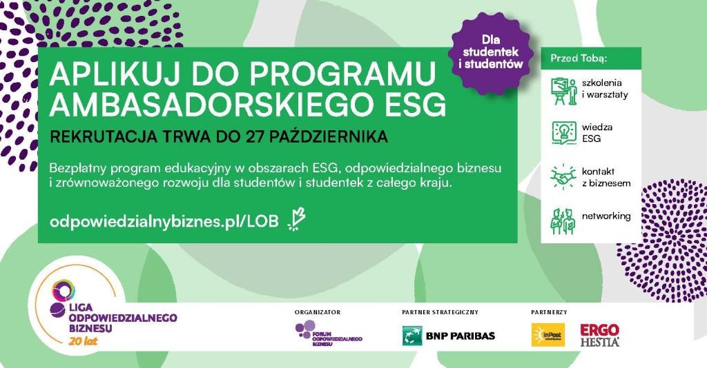 Zielone tło grafiki z elementami fioletowymi . tekst: Aplikuj do programu ambasadorskiego ESG. Rekrutacja trwa do 27 października