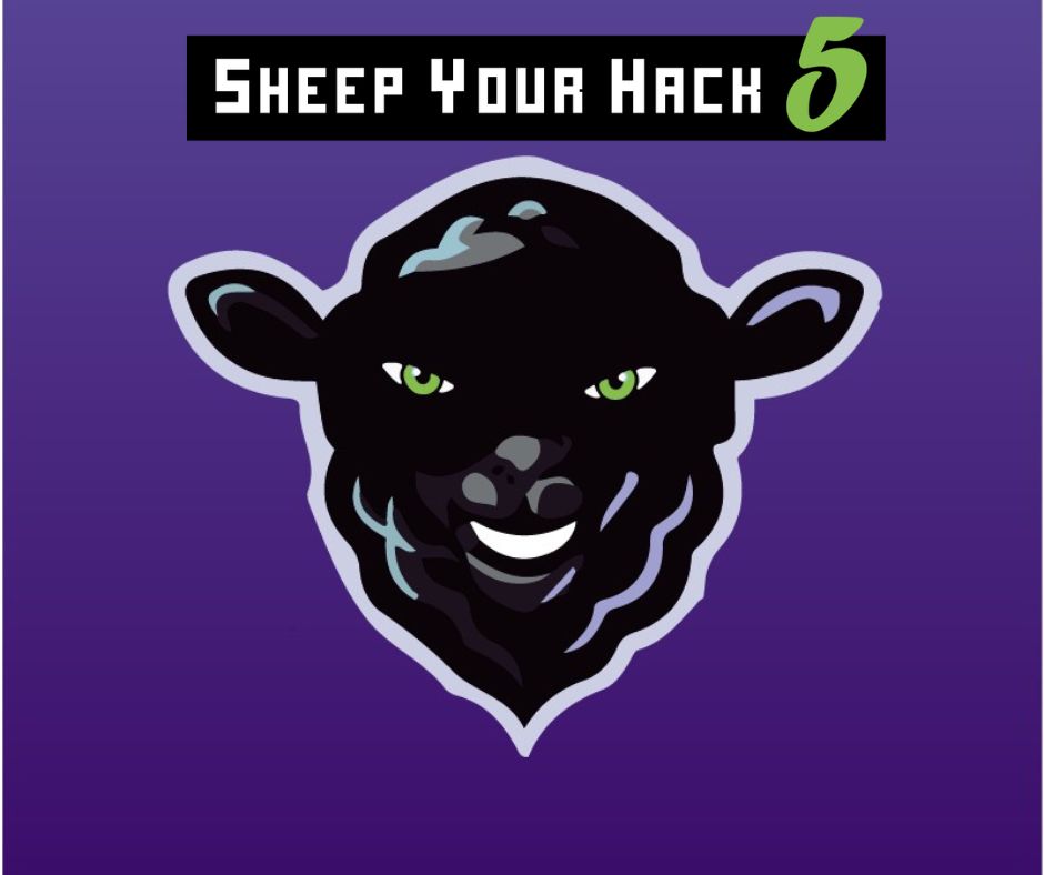 Grafika rysunkowa. Głowa barana lub owcy czarnego koloru z zielonymi oczami. Fioletowe tło grafiki: Tekst: SHEEP YOUR HACK. 16-17 grudnia 2022 r.