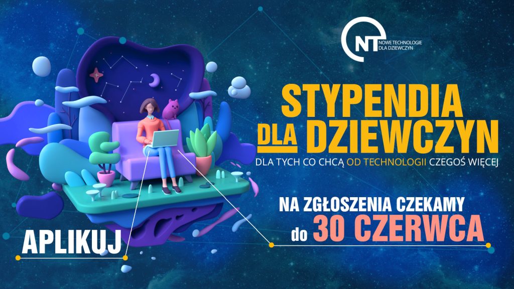 Grafika,Nowe technologie dla Dziewczyn", poniżej znajduje się tekst ,,Dla tych co chcą od technologii czegoś więcej. W lewym górnym rogu znajduje się napis ,,Staż w Intelu" oraz informacja o kwocie 12000 pln brutto. W prawym górnym rogu widnieje napis mentoring. W tle grafiki znajduje sie ilustracja przedstawiająca dziewczynę siedzącą z laptopem, otoczona elementami futurystycznymi i technologicznymi takimi jak rośliny i zwierzęta w stylu science fiction. Całosc utrzymana jest w niebiesko - fioletowej kolorystyce, co nadaje plakatowi nowoczesny wygląd