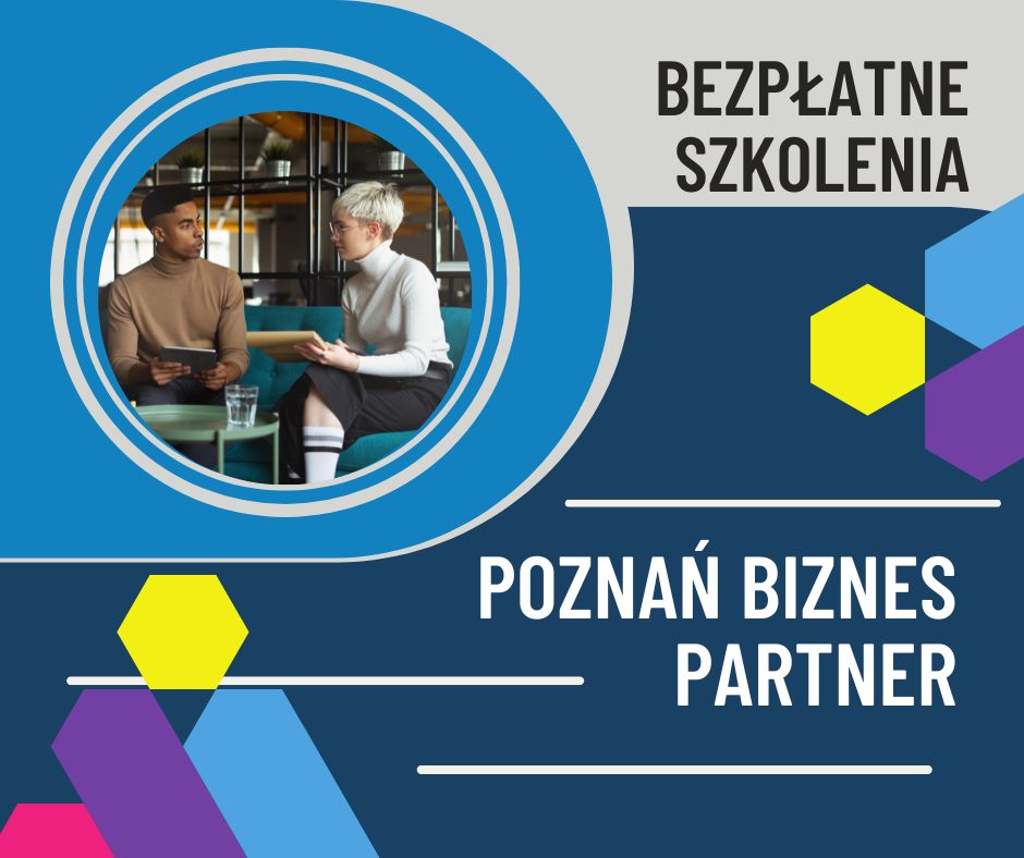 Zdjęcie przedstawia grafikę ,,Poznań Biznes Partner". W lewym górnym rogu znajduje się zdjęcie osoby siedzącej, a w prawym górnym rogu widoczne są kolorowe sześciokąty. Tło jest w odcieniach niebieskiego.