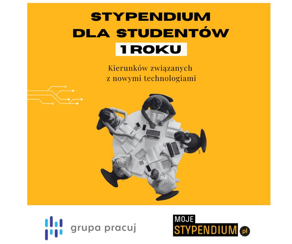 Grafika przedstawia widok z góry na okrągły stół przy którym siedzi piątka młodych ludzi. Maja pootwierane laptopy oraz notatniki. Grafika jest w kolorze żółtym z czarnymi napisami. Jest to reklama grupy pracuj MStypendium. Tekst na grafice: Stypendium dla studentów 1 roku, kierunków związanych z nowymi technologiami.