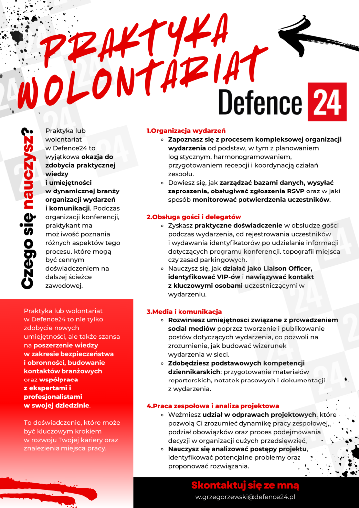 oferta praktyk i wolontariatu Defence 24. Tło grafiki biało czerwone. Czarne i czerwone napisy.