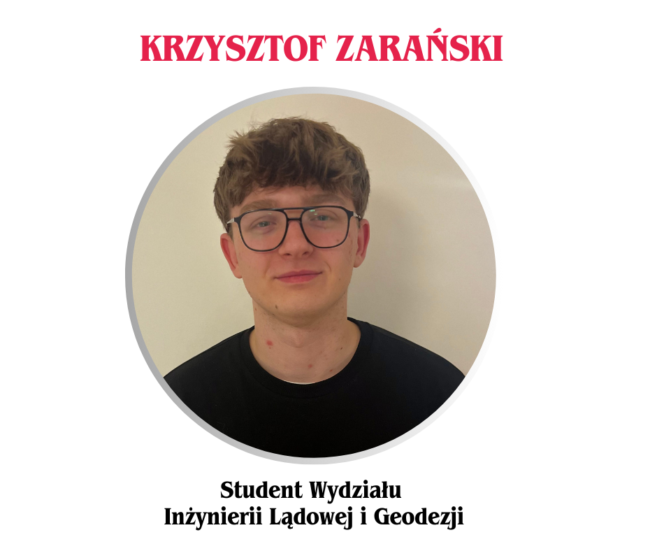 Zdjęcie młodego chłopaka na tle ściany w drewnie z godłem Wojskowej Akademii Technicznej w Warszawie. Grafika jest w kole. opis grafiki: Krzysztof Zarański, student Wydziału  Bezpieczeństwa, Logistyki i Zarządzania.