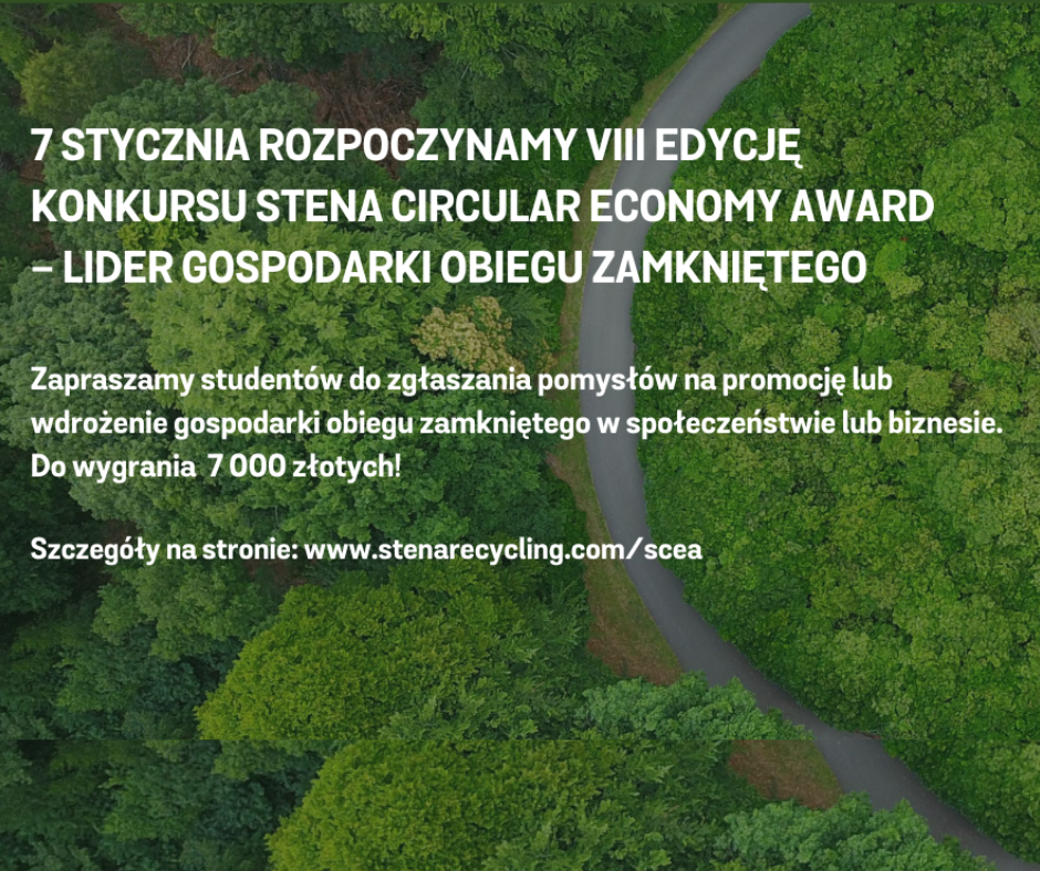 grafika promująca VIII edycję konkursu stena circular economy award - lider gospodarki obiegu zamkniętego. W tle widać las przecięty szosą. Zdjęcie zrobione jest ,,z lotu ptaka".