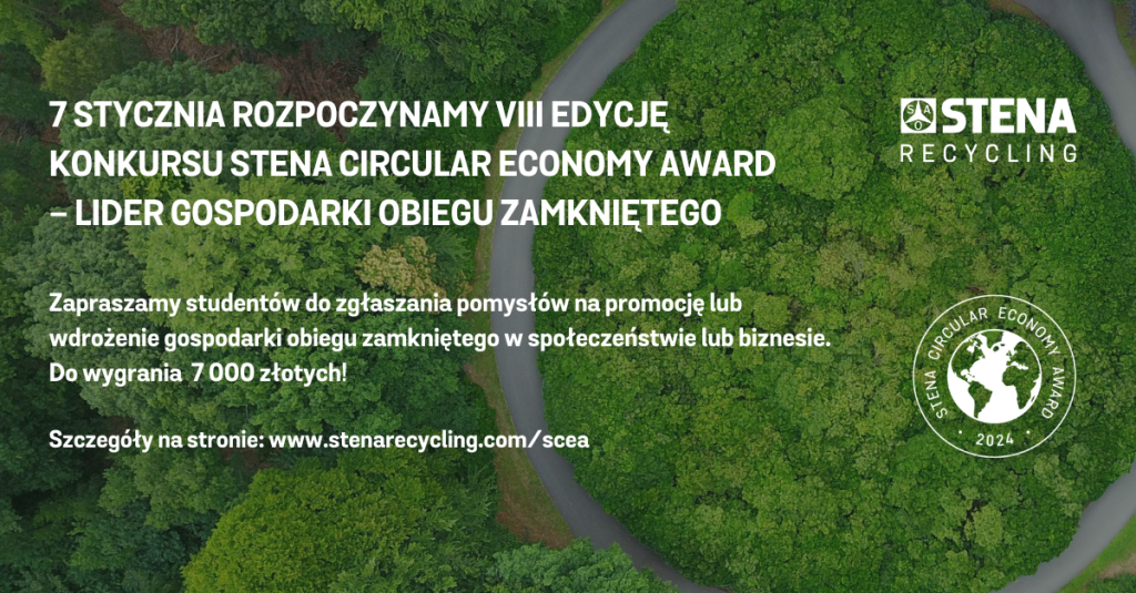 grafika promująca VIII edycję konkursu stena circular economy award - lider gospodarki obiegu zamkniętego.
W tle widać las przecięty szosą. Zdjęcie zrobione jest ,,z lotu ptaka".