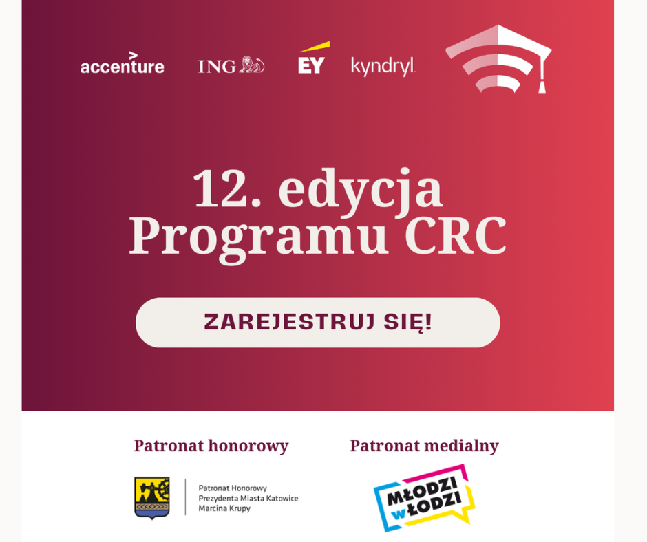 Na czerwonym tle znajdują się u góry loga firm: accenture, ING, EY, kyndryl. jest to grafika opisowa. 12 edycja Programu CRC. Zarejestruj się.