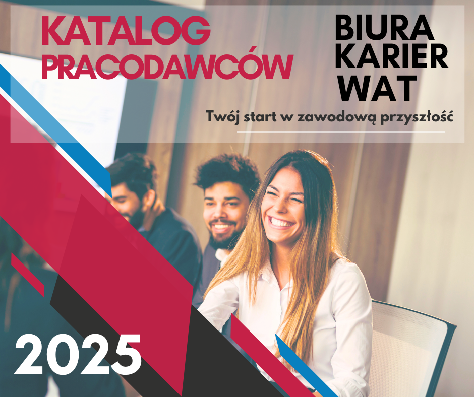 dwóch chłopaków i dziewczyna uśmiechają się siedząc przy stole. Katalog pracodawców Biura karier WAT. Twój start w zawodowa przyszłość. 2025 r.