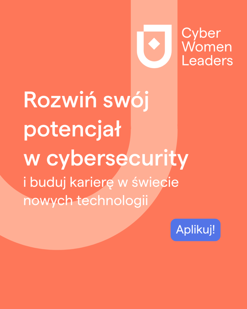 Pomarańczowe tło z napisem: Rozwiń swój potencjał w cybersecurity i buduj karierę w świecie nowych technologi! Niebieski przycisk "Aplikuj"