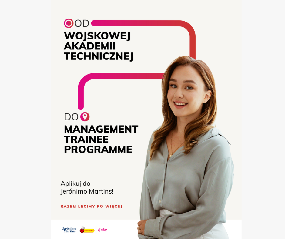 Grafika promująca program Menagenent Trainee Programme skierowana min. do studentów Wojskowej Akademii Technicznej. Grafika w kolorach jasnych . Na zdjęciu widać uśmiechniętą dziewczynę.