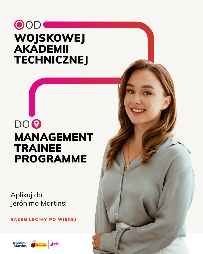 Grafika promująca program Menagenent Trainee Programme skierowana min. do studentów Wojskowej Akademii Technicznej. Grafika w kolorach jasnych . Na zdjęciu widać uśmiechniętą dziewczynę.