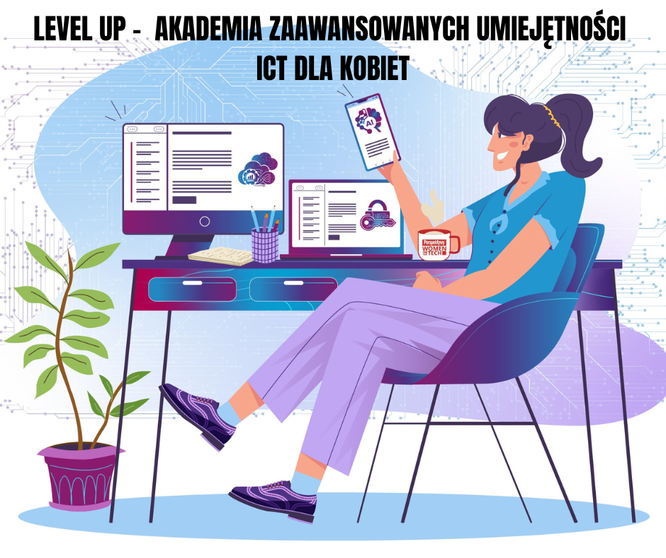 Baner przedstawiający kobietę siedzącą przy biurku korzystający ze smarfona. Nad kobietą nazwa programu.