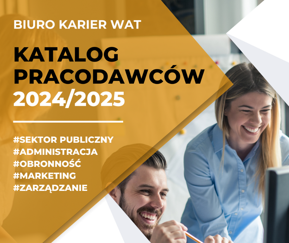 Grafika katalogu pracodawców 2024/2025 dla #SEKTOR PUBLICZNY #ADMINISTRACJA #OBRONNOŚĆ #MARKETING #ZARZĄDZANIE napisane na ukośnie ułożonym kwadracie w kolorze żółtym. Pod spodem zdjęcie dwóch osób (mężczyzna i kobieta) uśmiechniętych patrzących na monitor komputera