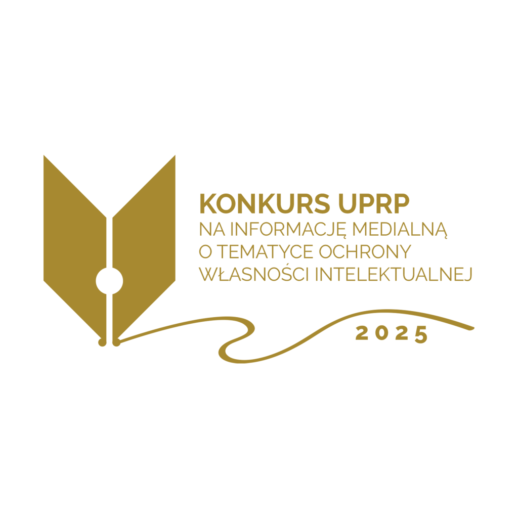 Grafika. Złote elementy graficzne na białym tle. Tekst na grafice: Konkurs UPRP na informacje medialną o tematyce ochrony własności intelektualnej 2025 r.