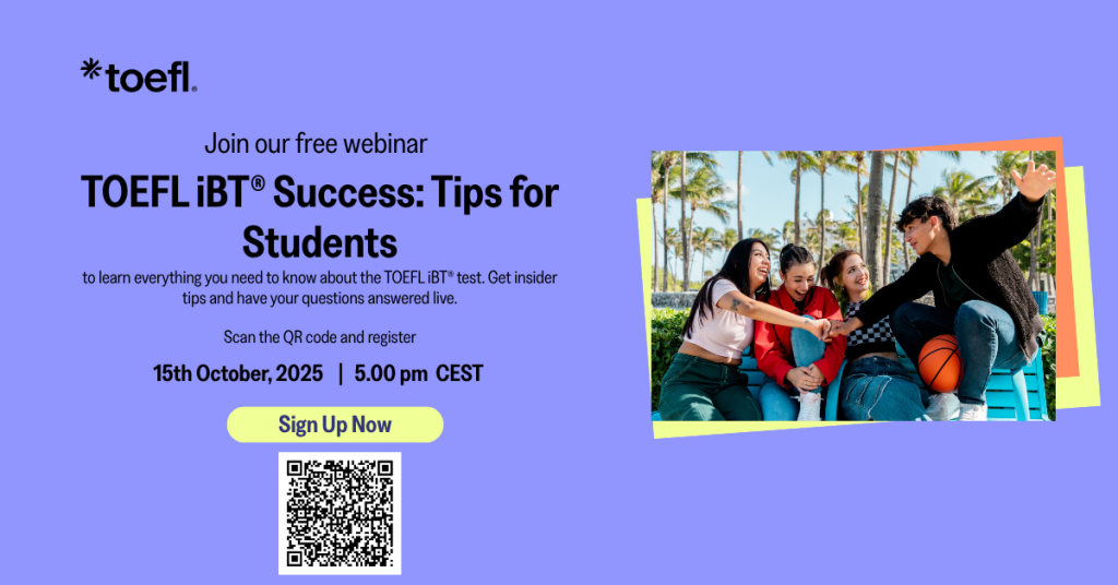 Grafika promująca ToefliBT Success: Tips for Students.
Fioletowe tło, w prawym boku grafiki są nałożone na siebie zdjęcia. Na pierwszy plan wysuwa się grupa młodych ludzi, którzy siedzą na ławce, uśmiechają się i rozmawiają.