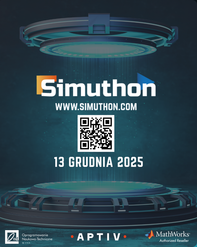 Grafika promująca Simuthon 2025. Napisy: '' Simuthon www.simuthon.com 13 grudnia. Na środku grafiki jest zamieszczony kod QR. Na dole grafiki znajdują się loga - Oprogramowanie Naukowo-Techniczne, APTIV, MathWorks. Kolor grafiki turkusowo-niebieski.