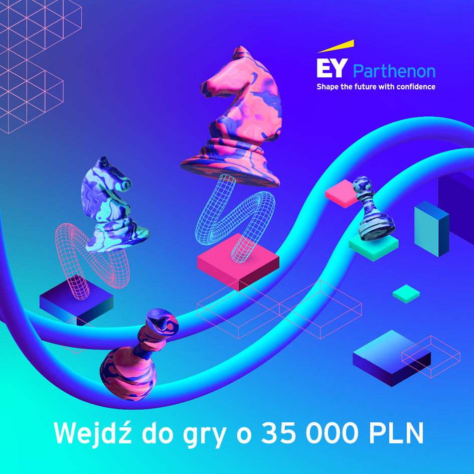 Grafika w odcieniach tła w kolorze chabru.
Elementy graficzne - pionki konia do gry w szachy - kolor chabrowo różowy oraz inne elementy graficzne. Napisy: EY Parthenon Wejdź do gry o 35   PLN