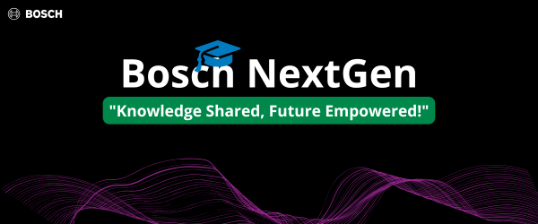 Grafika promująca program Bosch NextGen Knowledge Shared, Future Empowered!. Kolor grafiki czarny z elementami zieleni i filoletu.