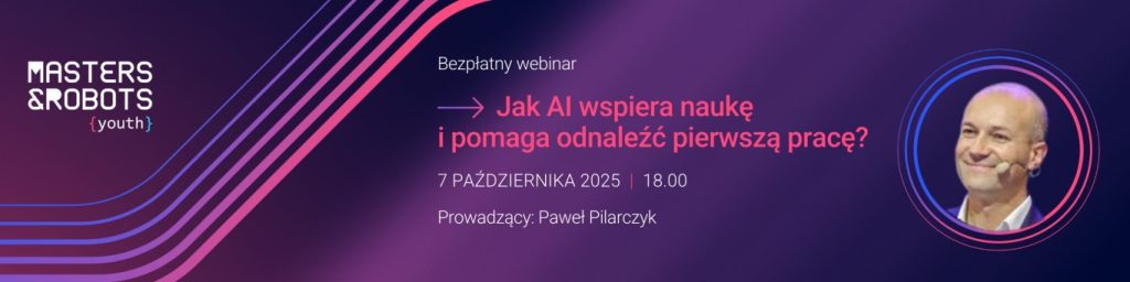 Grafika promująca bezpłatny webinar ,,Jak AI wspiera naukę i pomaga odnaleźć pierwszą pracę!