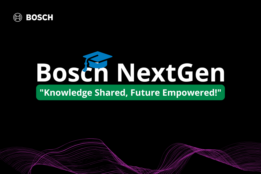 grafika promująca Listopad z Bosch NextGen – technologia, AI i inspiracje od ekspertów!
Czarne tło. W górnym lewym rogu napis BOSH, na środku grafiki napisy: Bosch NextGen ,,Knowledge Shared, Future Empowerded!"