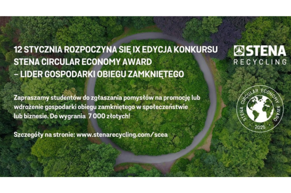 Grafika. Widok z góry na zielony tereny - drzewa. Tekst na grafice: ,, 12 stycznia rozpoczyna się IX edycja konkursu Stena Circular Economy Award -lider gospodarki obiegu zamkniętego w społeczeństwie lub biznesie. Do wygrania 7000 zł! Szczegóły na stronie: stenarecykling.com/scea".